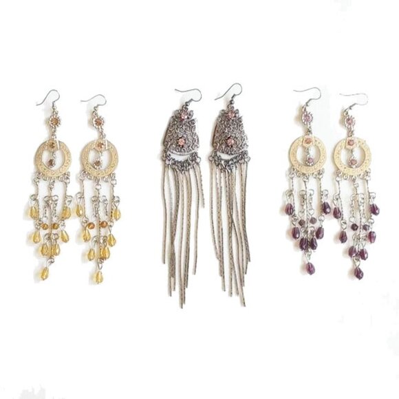 Handmade Jewelry - Vintage Y2K 3 Pair Silver Boho Earrings Swarovski Rhinestone Topaz Rose Amethyst